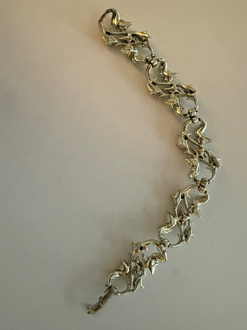 Coro Silver-Tone Linked  Coro Clear Rhinestone Leaf & Vine Link Bracelet 7.5"